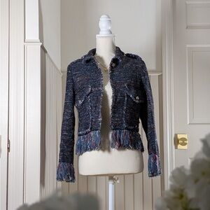NWT Zara Navy Blue Tweed Cropped Jacket XS - Textured Fringe Blazer
